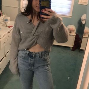 Grey Sweater with Criss Cross and Faux Pearls